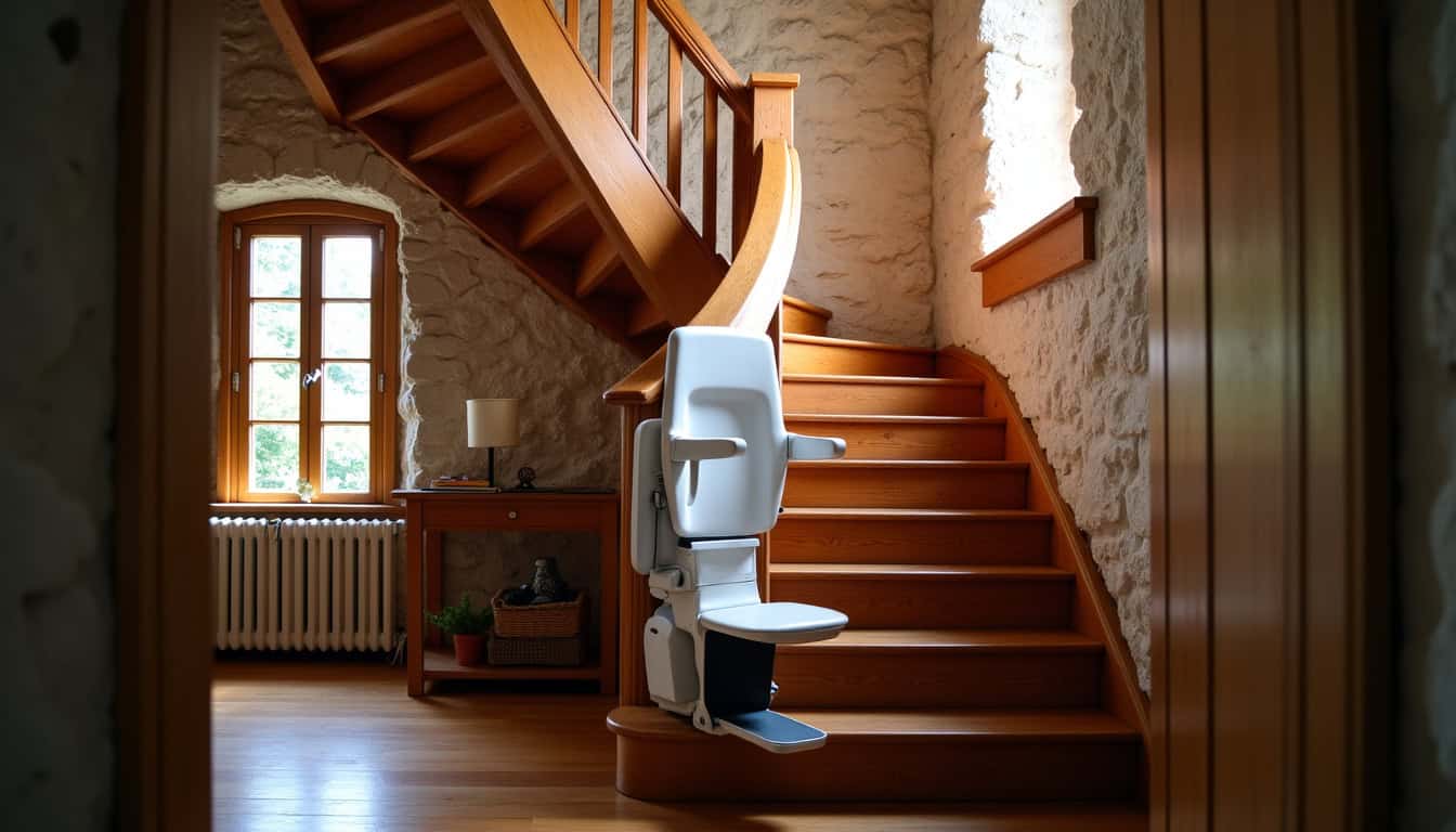 Monte-escalier droit installé dans une maison ancienne à Availles-Limouzine