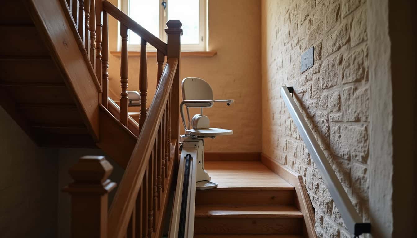 Monte-escalier droit installé dans une maison ancienne à Bévenais, intégré de manière discrète à l’escalier existant