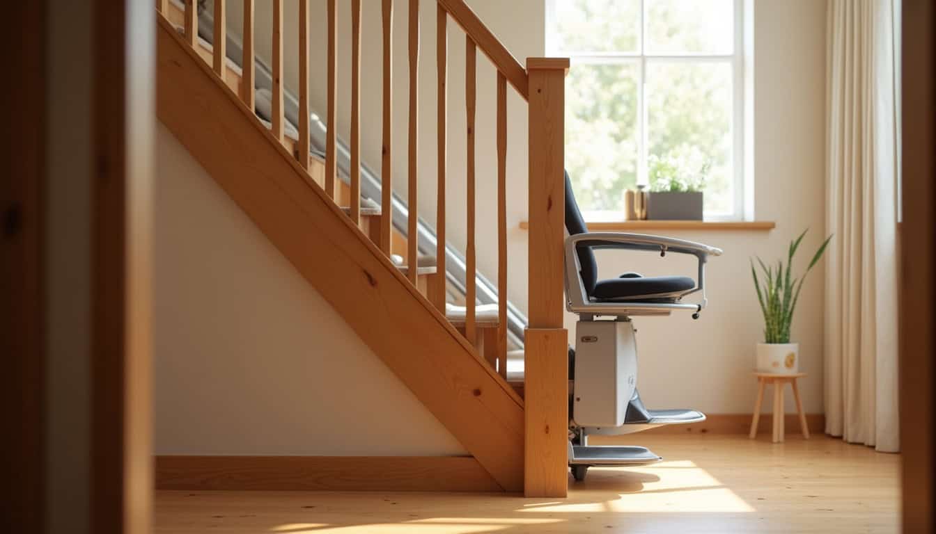 Monte-escalier droit installé dans une maison avec escalier en bois