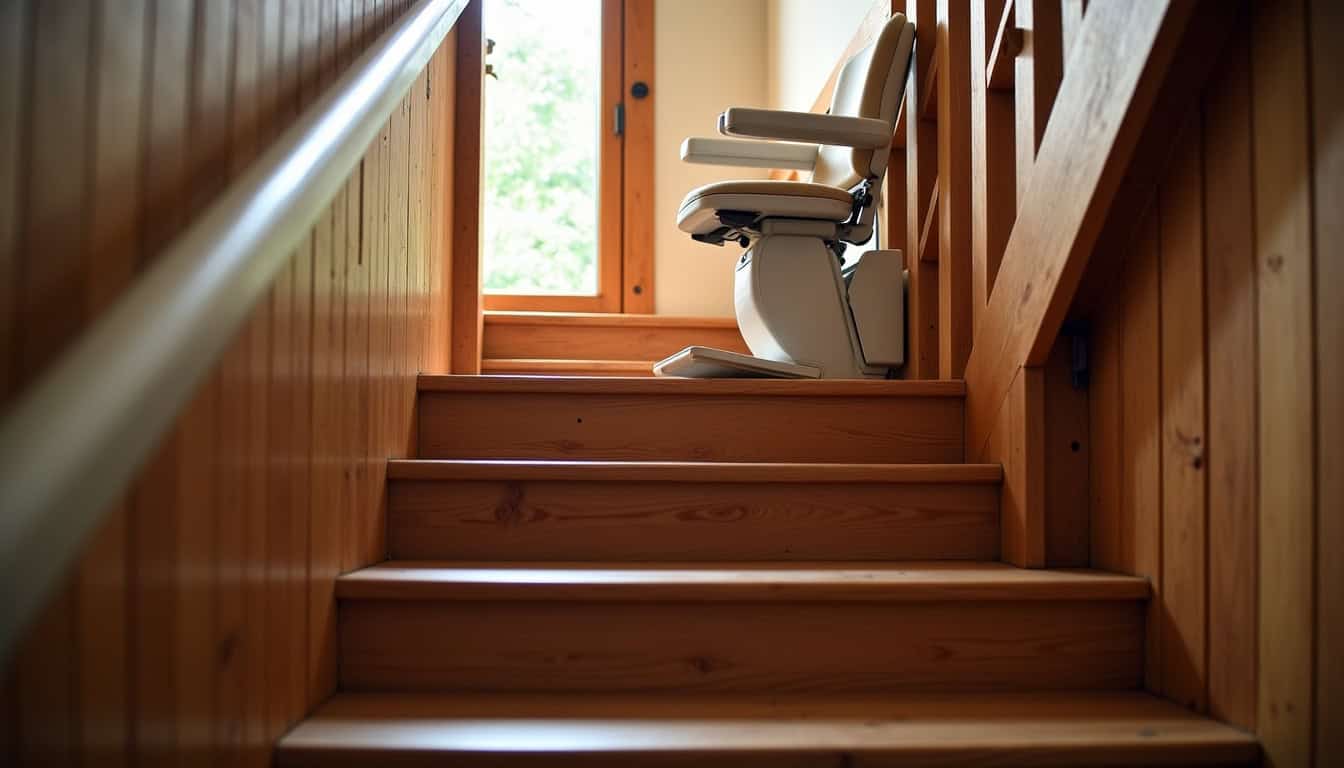 Monte-escalier droit installé dans une maison picarde avec escalier en bois