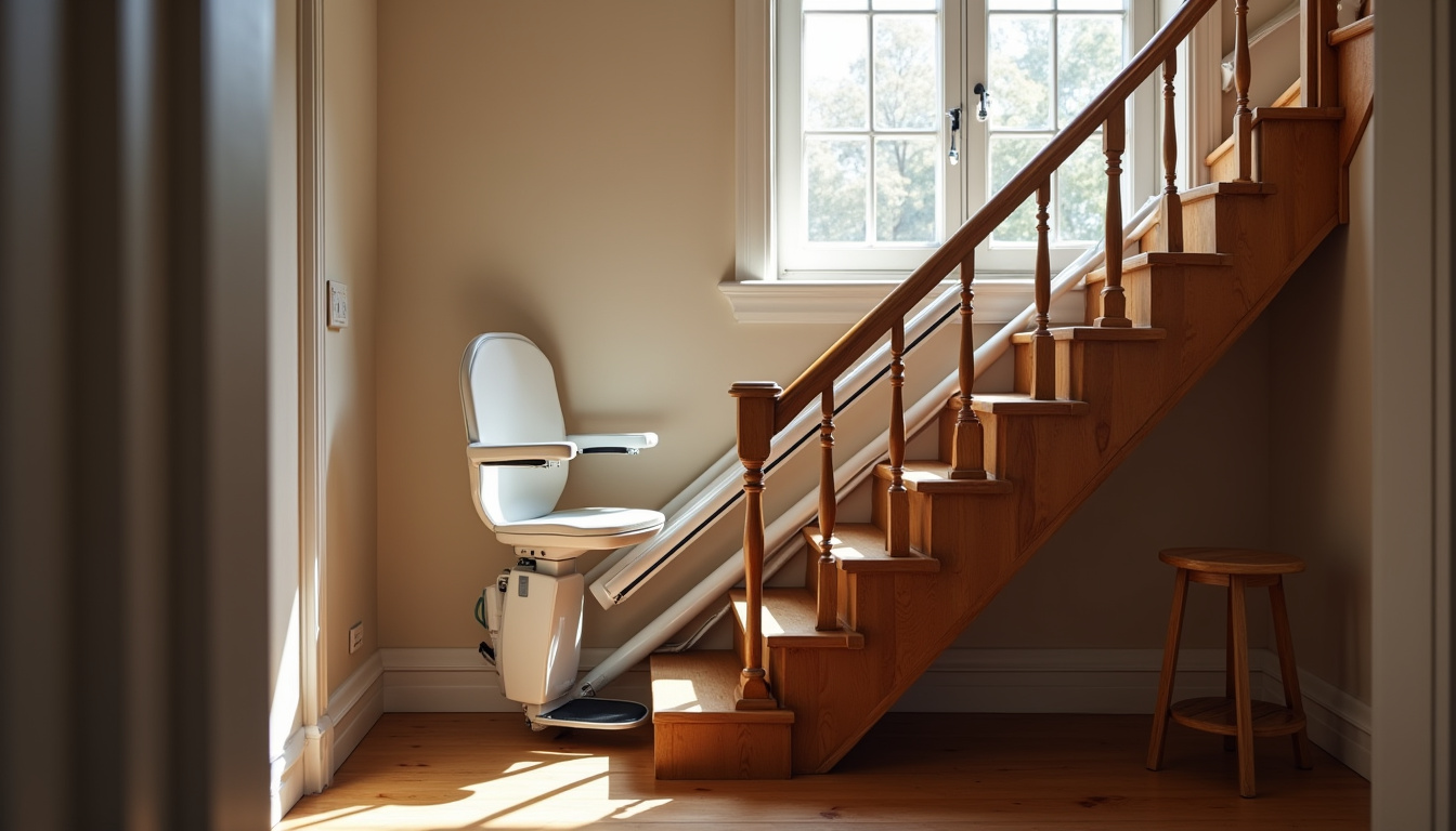 Monte-escalier droit installé dans une maison typique de Brandivy avec escalier en bois ancien