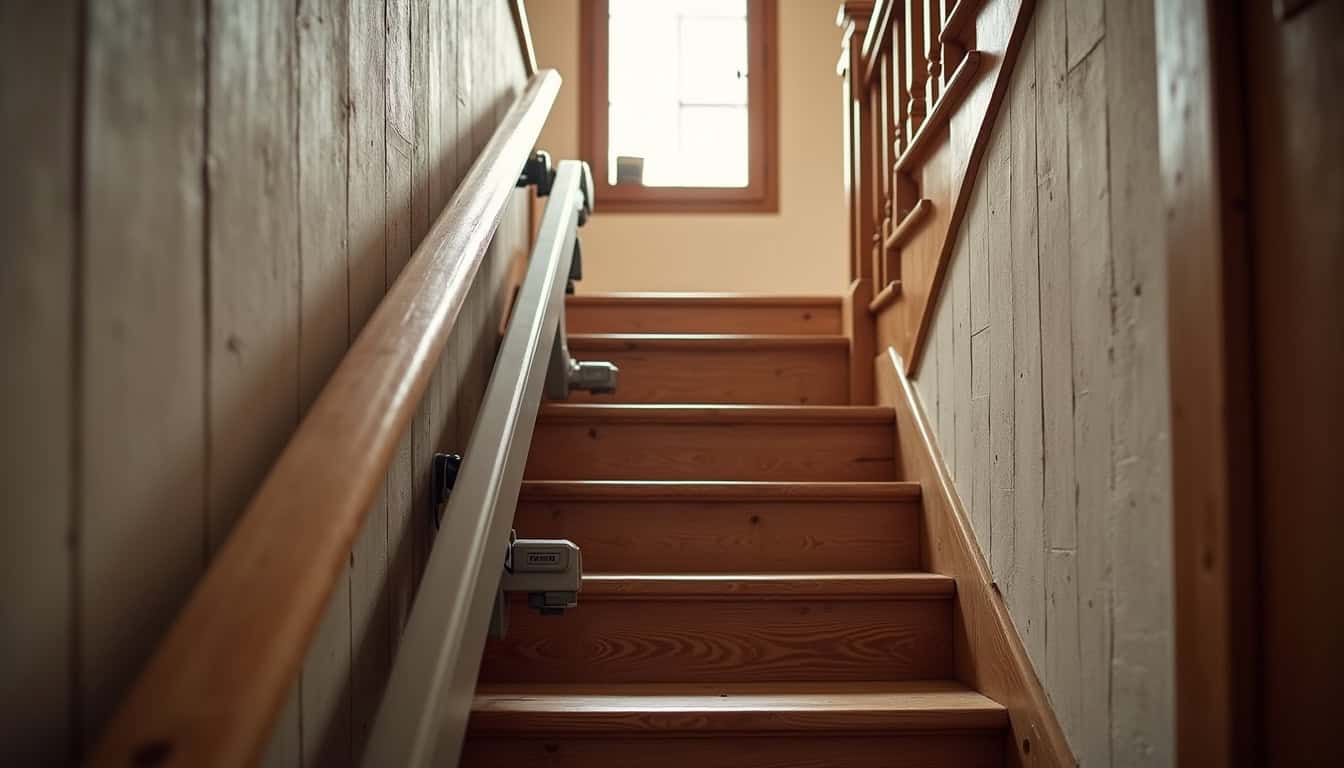 Monte-escalier droit installé dans une maison typique de Morteau avec escalier en bois ancien