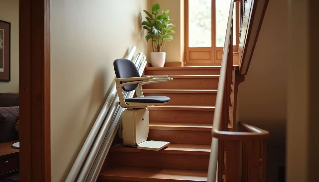 Monte-escalier droit installé sur un escalier en bois à Poilly-lez-gien, vue depuis le bas de l