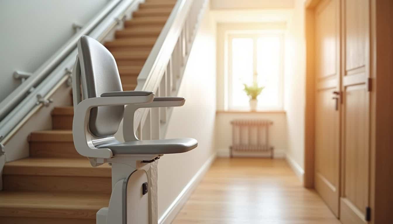 Monte-escalier droit installé sur un escalier en ligne droite, avec siège ergonomique et accoudoirs