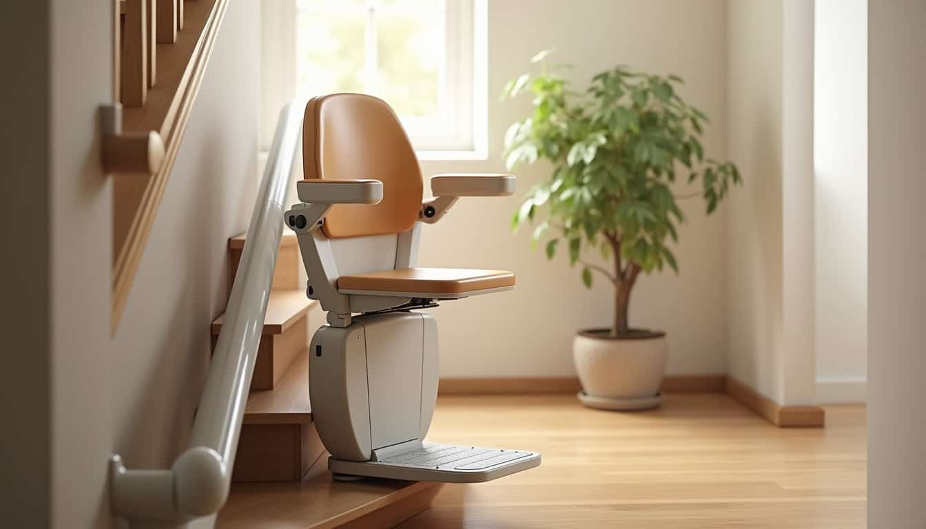 Monte-escalier droit installé sur un escalier intérieur, avec rail fixé à la rampe et siège ergonomique