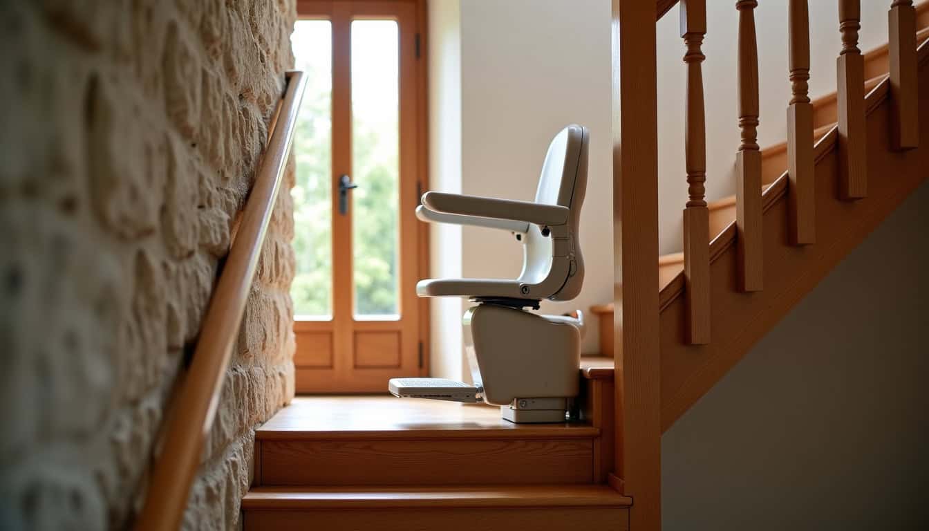 Monte-escalier droit installé sur un escalier intérieur dans une maison typique du Finistère