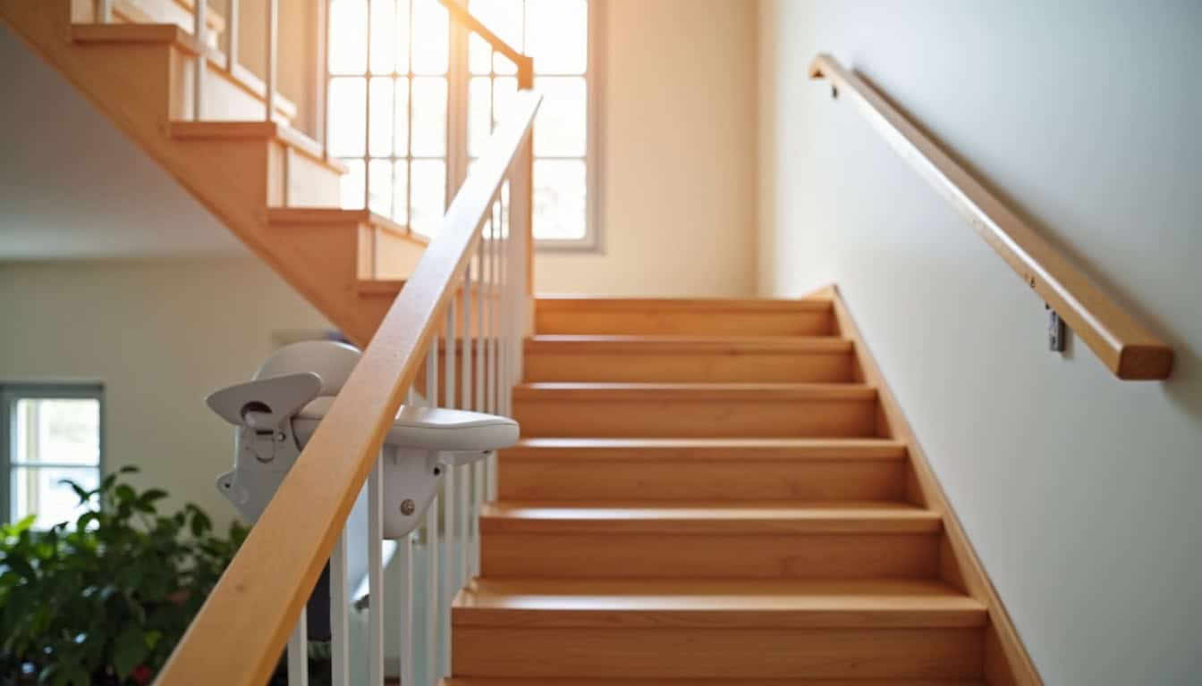 Monte-escalier droit installé sur un escalier intérieur en bois à Saint-Nazaire-les-Eymes