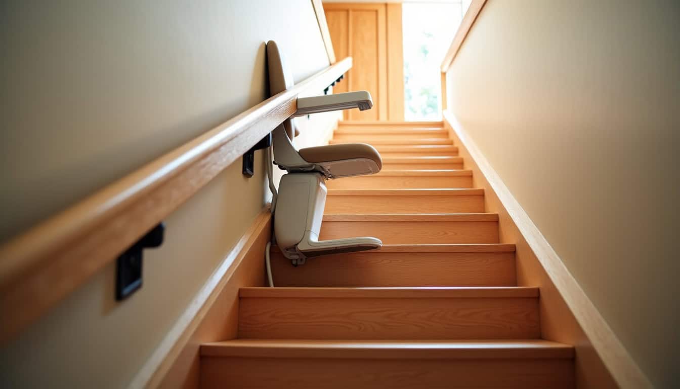 Monte-escalier droit installé sur un escalier intérieur en bois