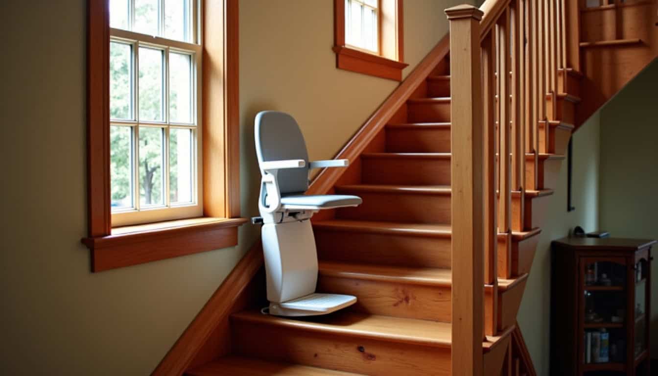 Monte-escalier droit installé sur un escalier intérieur en bois