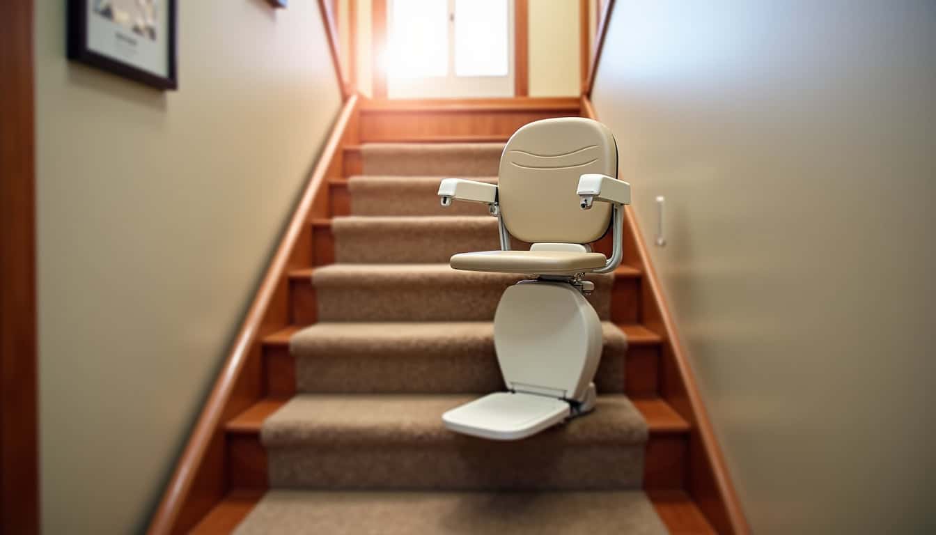 Monte-escalier droit installé sur un escalier rectiligne dans une maison à Granville