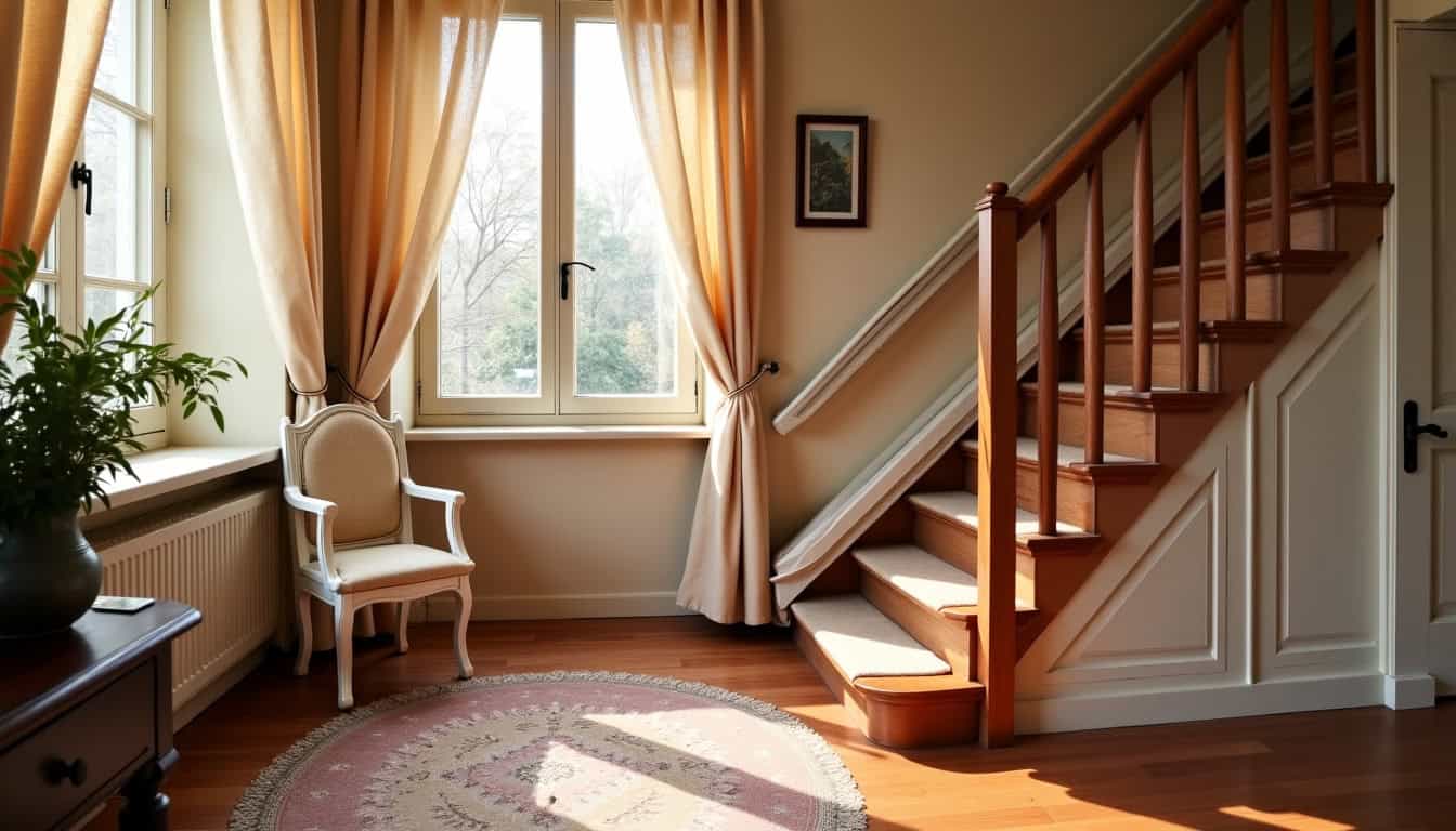 Monte-escalier droit intégré harmonieusement dans un intérieur traditionnel à Orval