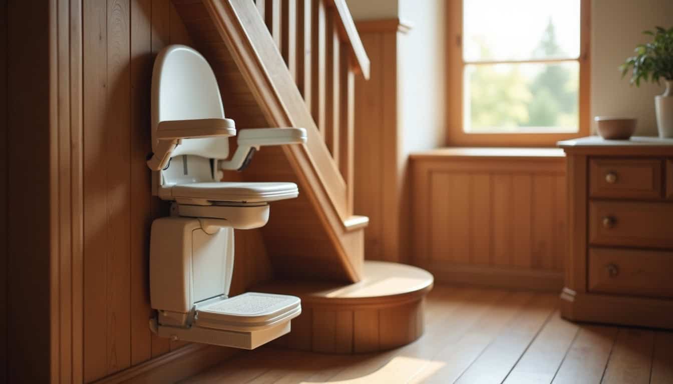 Monte-escalier électrique installé dans un escalier intérieur en bois à Belgentier