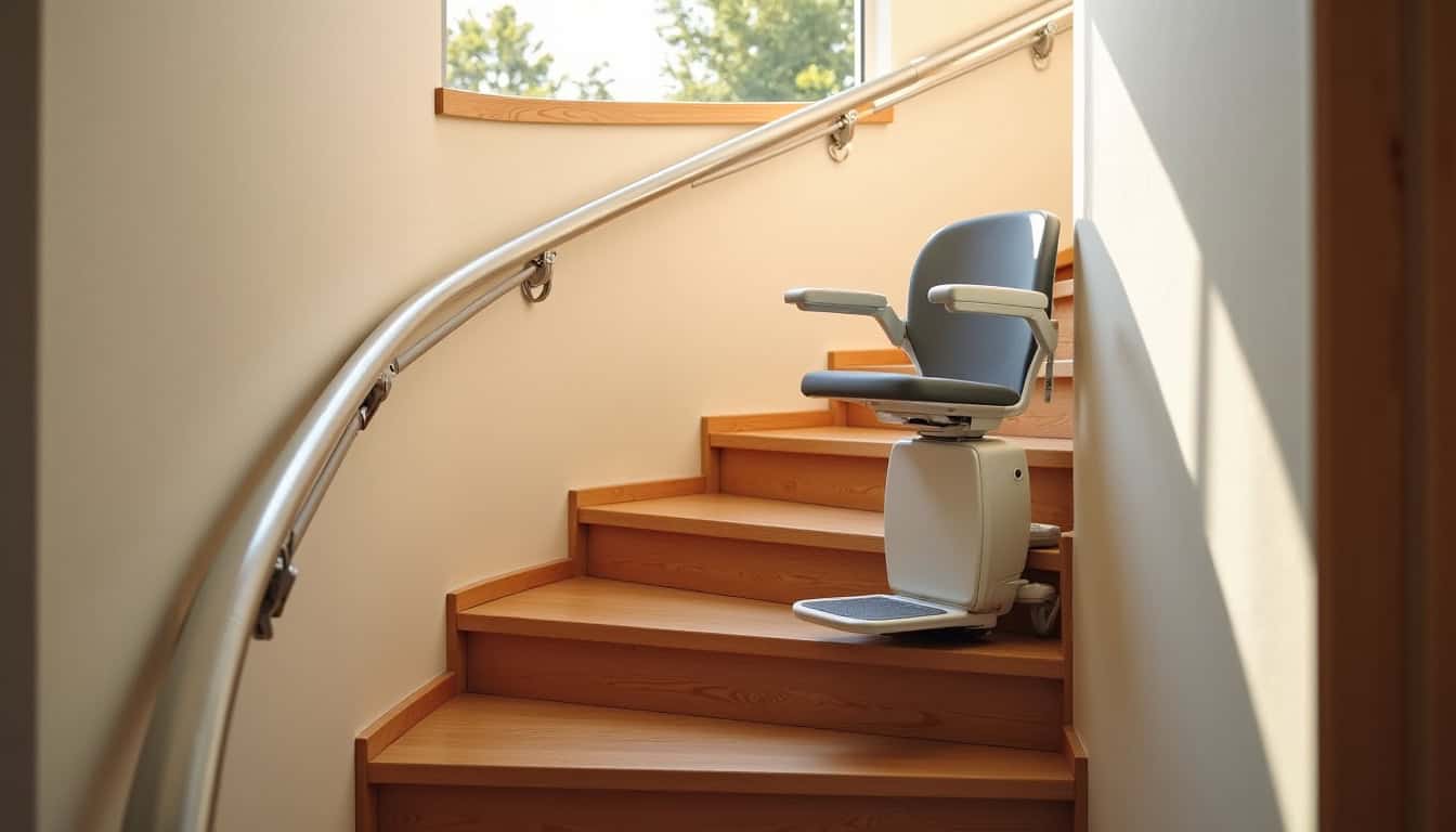 Monte-escalier électrique installé sur un escalier intérieur en colimaçon, vue d