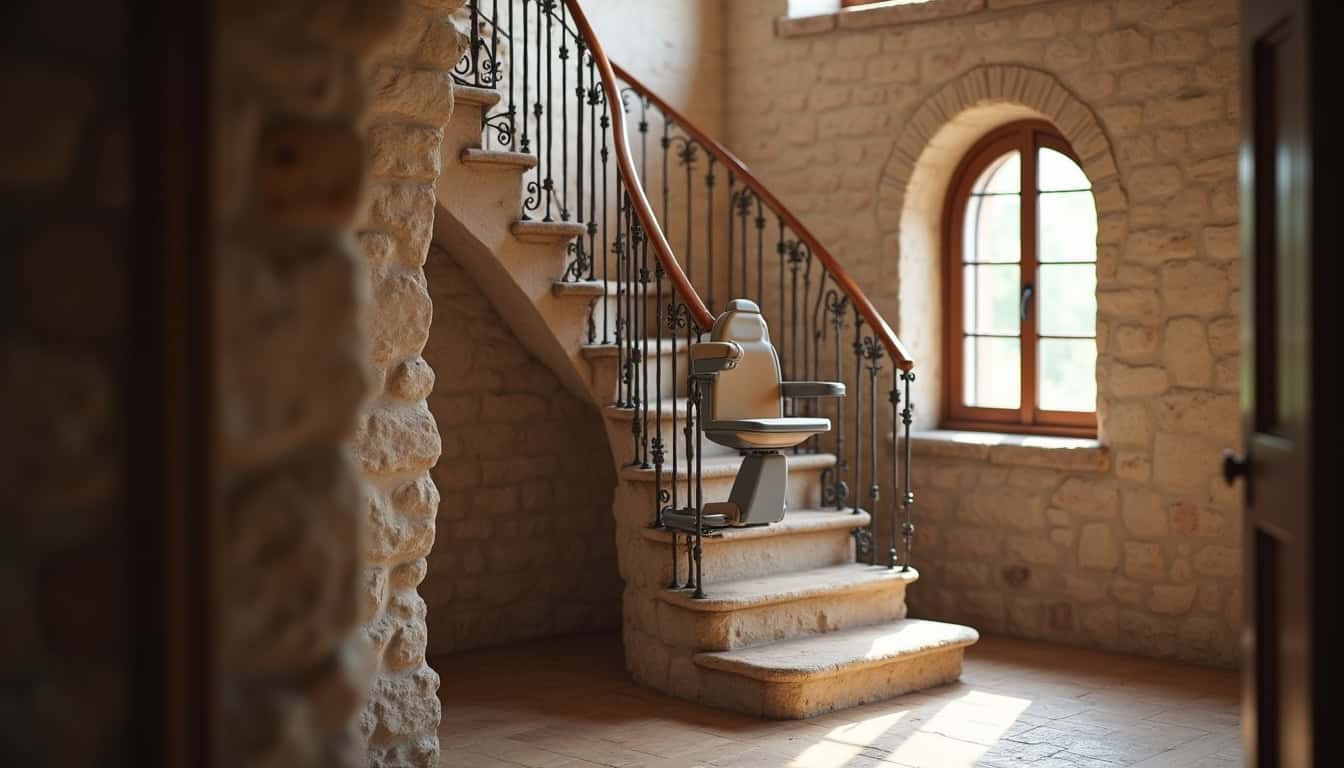 Monte-escalier en colimaçon installé dans une maison ancienne à Neussargues en Pinatelle