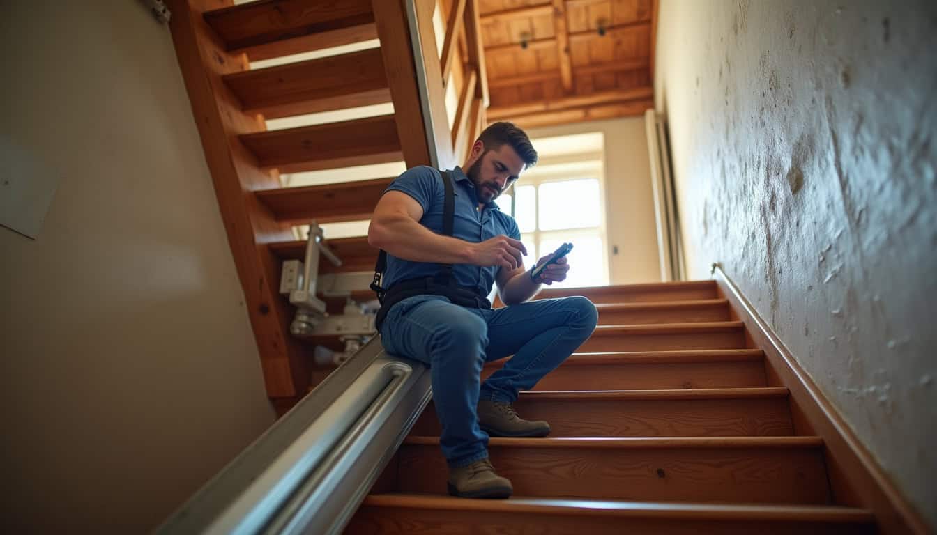 Monte-escalier en cours d’installation dans une maison à Saint-Planchers