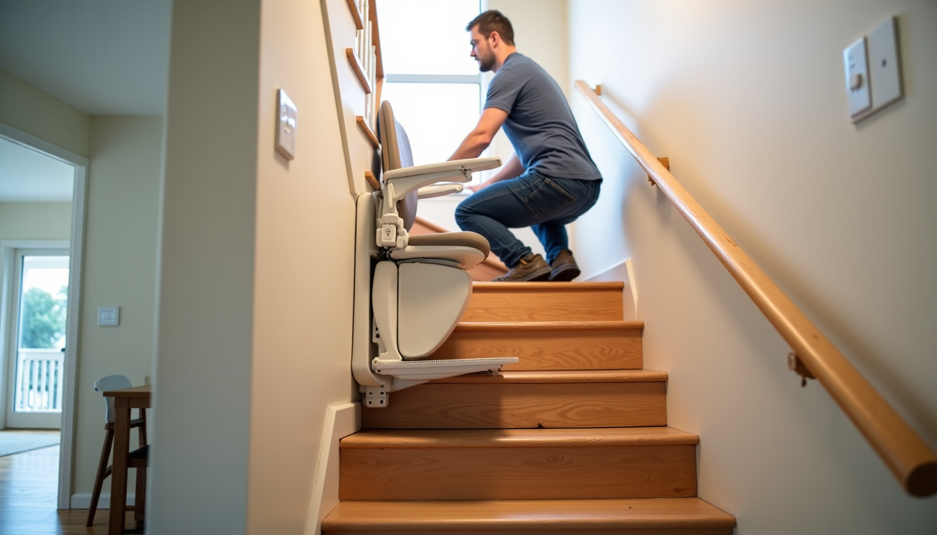 Monte-escalier en cours d’installation dans une maison, montre l’intégration discrète dans l’intérieur