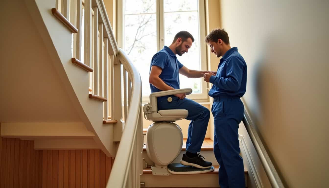 Monte-escalier en cours d’installation sur un escalier tournant à Mareau-aux-Prés