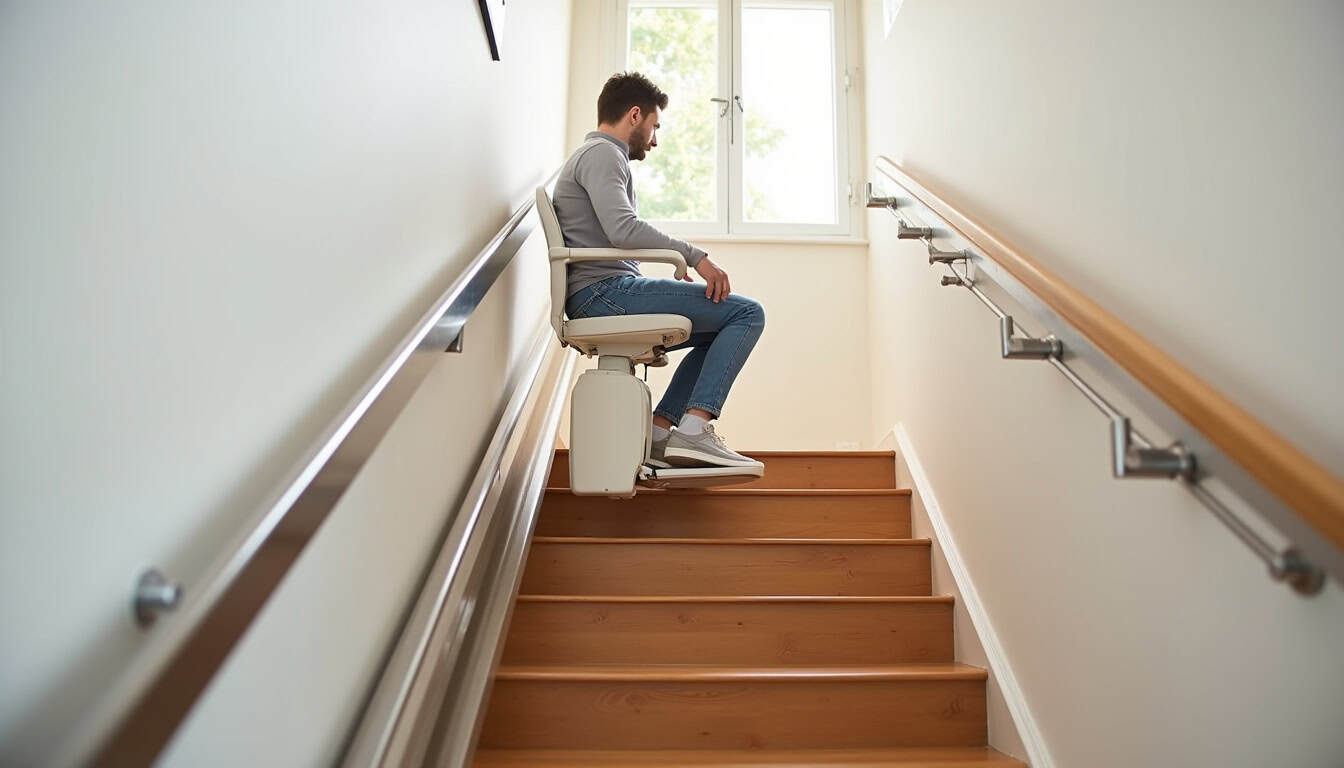 Monte-escalier en fonctionnement avec rail fixé sur un escalier droit