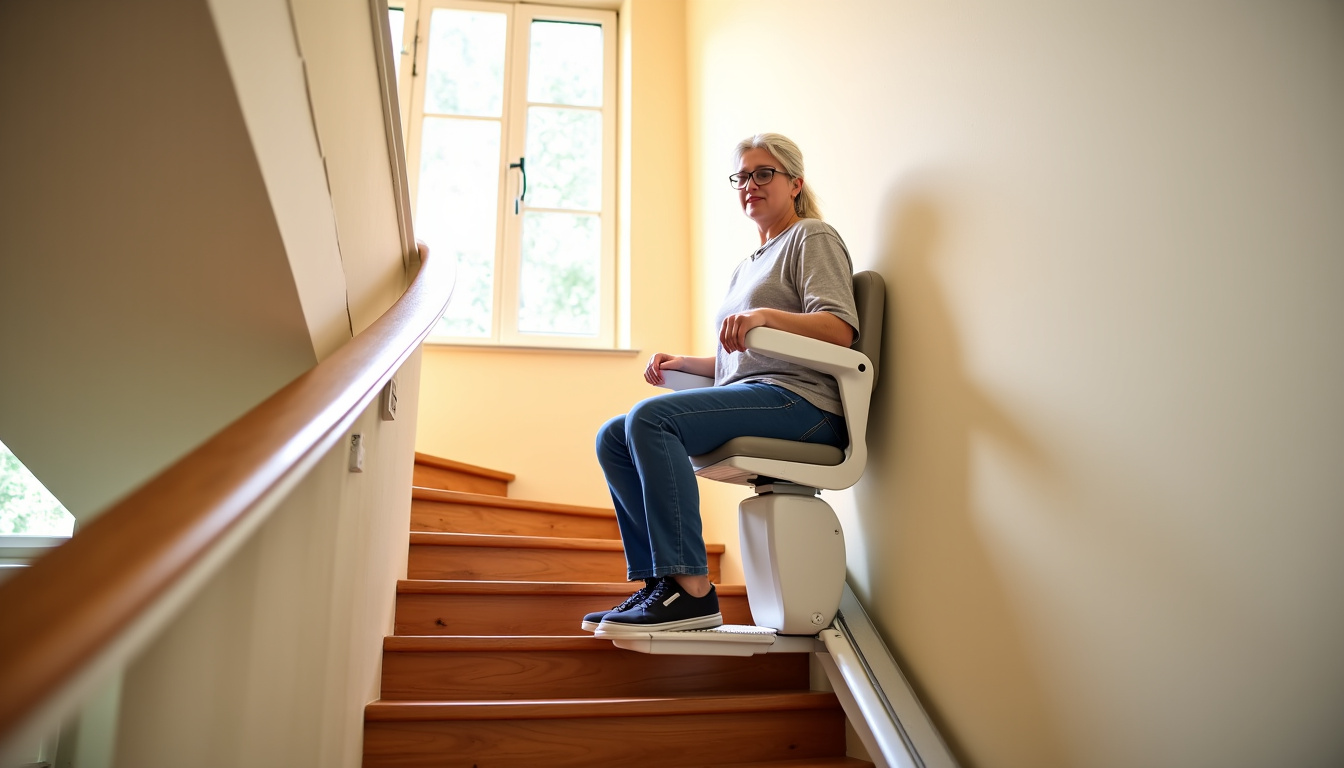 Monte-escalier en fonctionnement dans une maison à Suèvres avec un utilisateur sur le siège