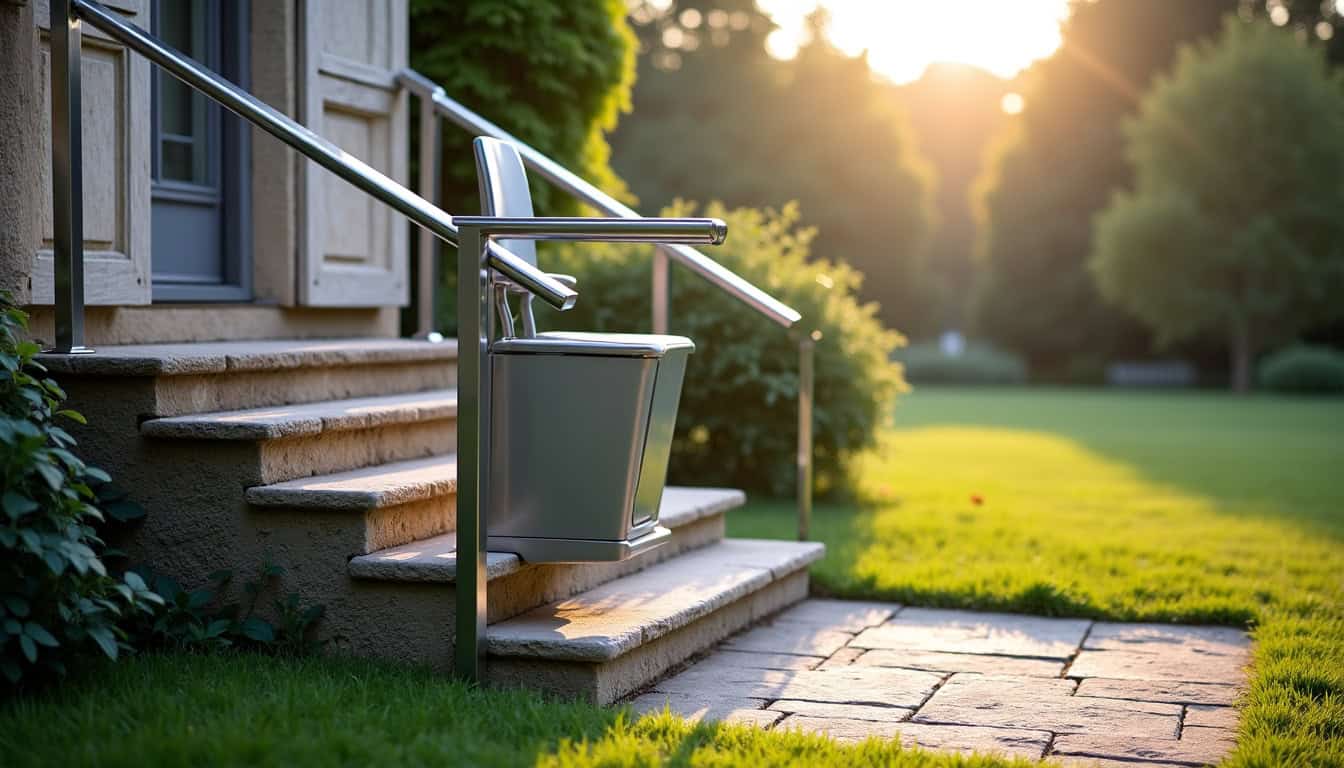Monte-escalier extérieur en acier inoxydable installé à l’extérieur d’une maison à Seloncourt