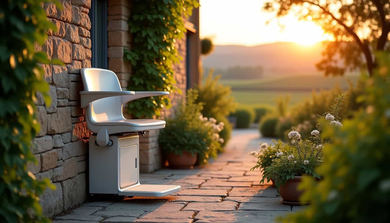 Monte-escalier extérieur en cours de location pour un usage temporaire à Barcelonne-du-Gers