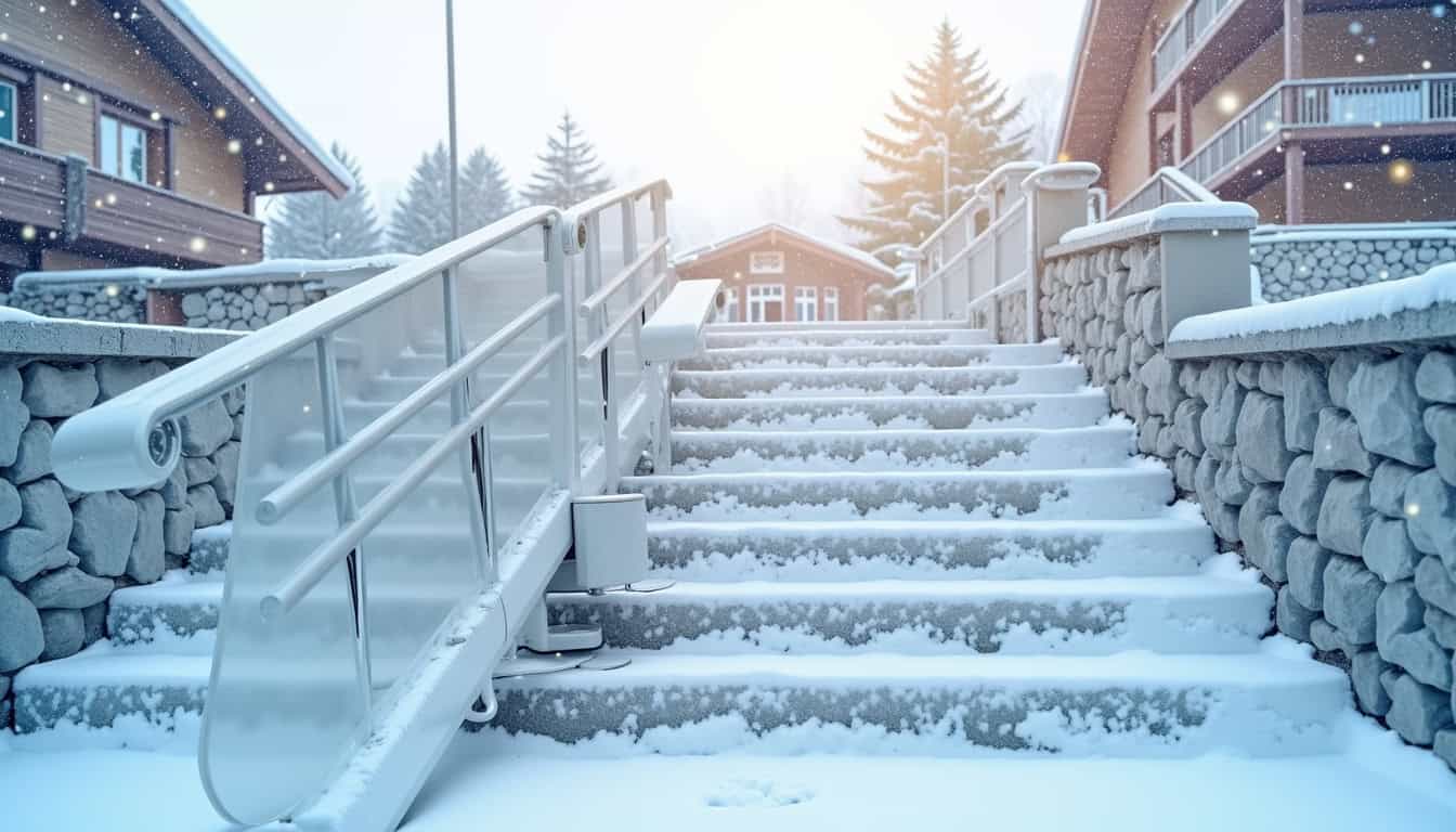 Monte-escalier extérieur en fonctionnement dans un environnement hivernal à Stosswihr