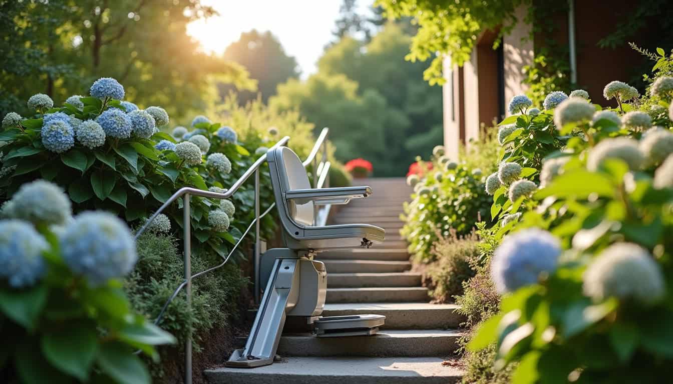 Monte-escalier extérieur en fonctionnement dans un jardin à Prémilhat
