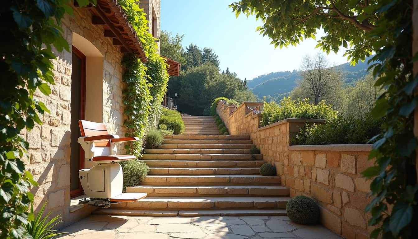 Monte-escalier extérieur en fonctionnement dans une maison à Pollestres