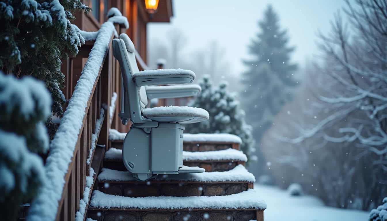 Monte-escalier extérieur en fonctionnement par temps enneigé, montrant sa résistance aux intempéries