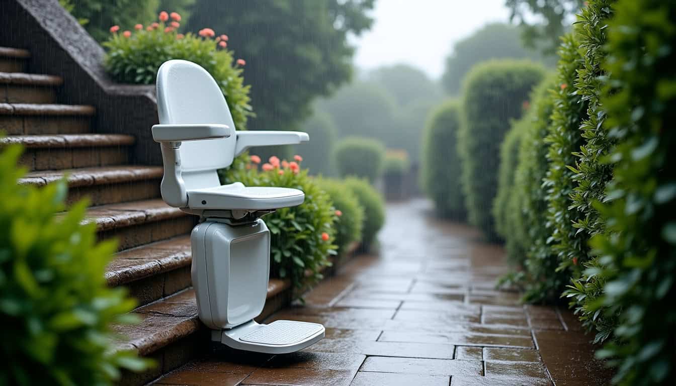 Monte-escalier extérieur en fonctionnement par temps pluvieux à Riec-sur-Bélon
