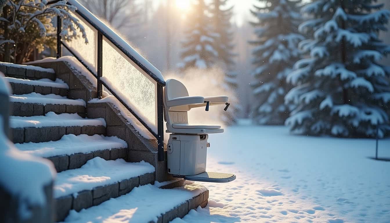 Monte-escalier extérieur en hiver, fonctionnel malgré les intempéries