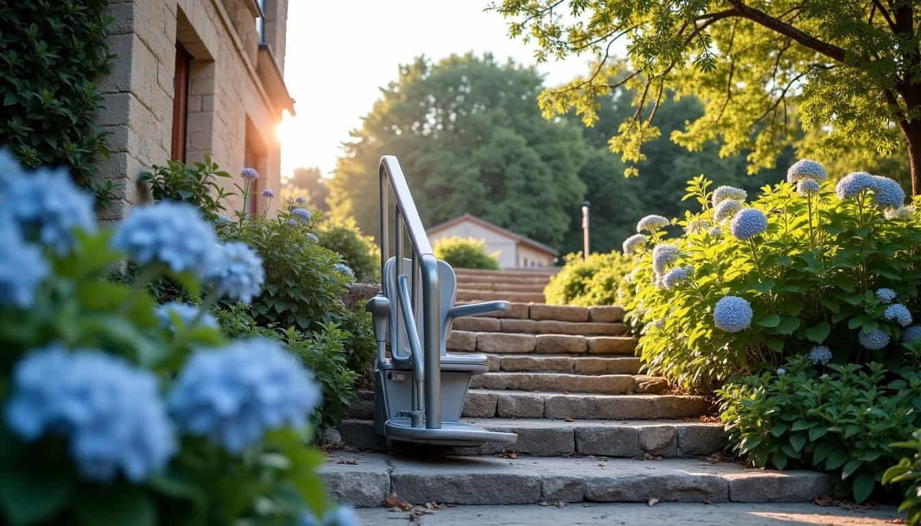 Monte-escalier extérieur installé à Bazougers, Mayenne