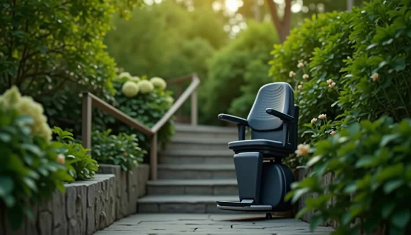 Monte-escalier extérieur installé à Bécon-les-Granits, résistant aux intempéries et adapté aux jardins et terrasses