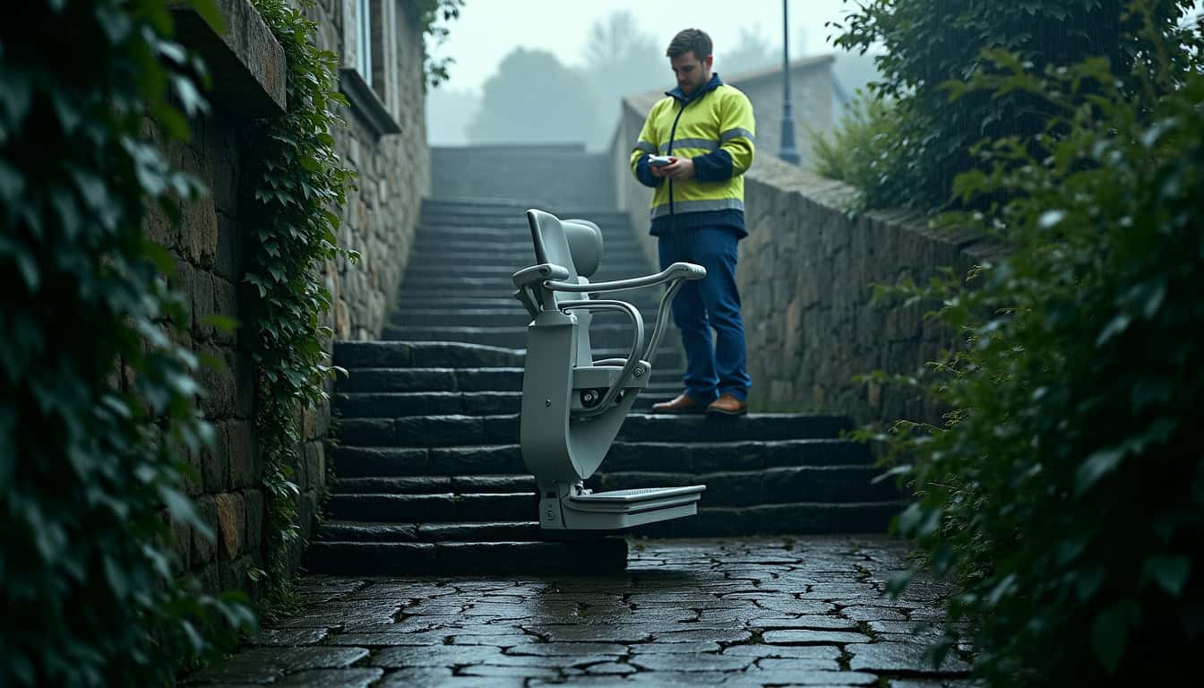 Monte-escalier extérieur installé à Étréchy, résistant aux intempéries