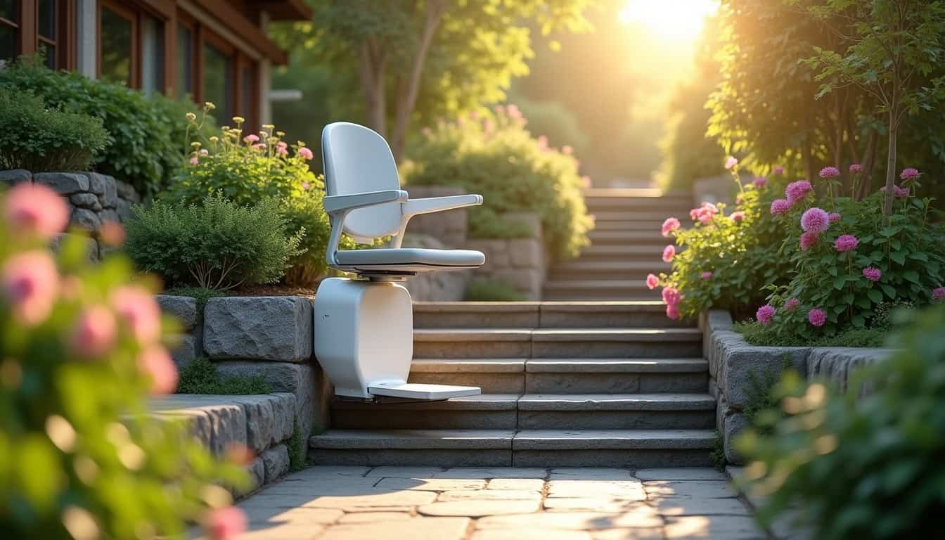Monte-escalier extérieur installé à Gan, fixé sur un escalier en pierre avec vue sur le jardin