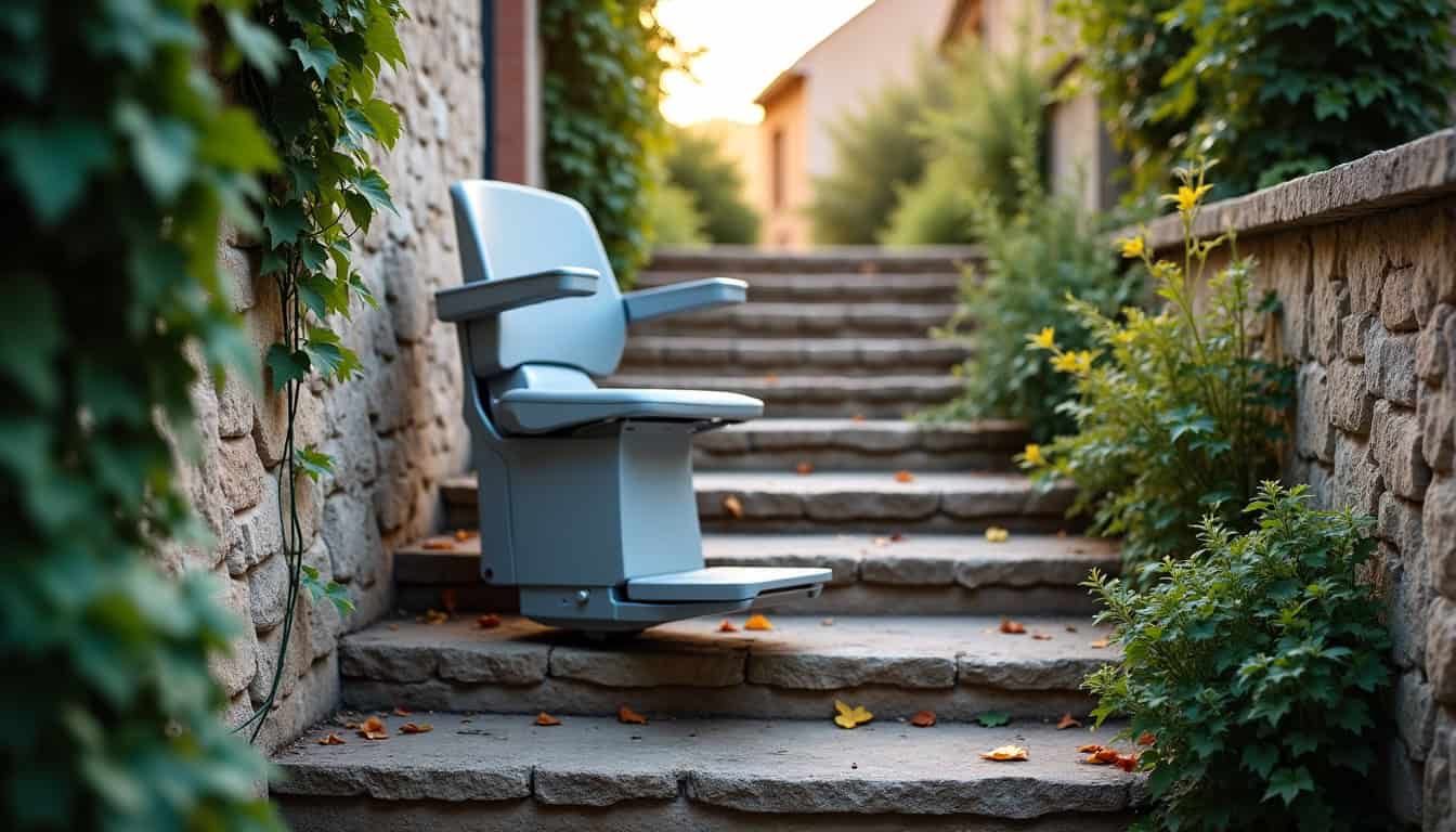 Monte-escalier extérieur installé à Hédé-Bazouges, résistant aux intempéries