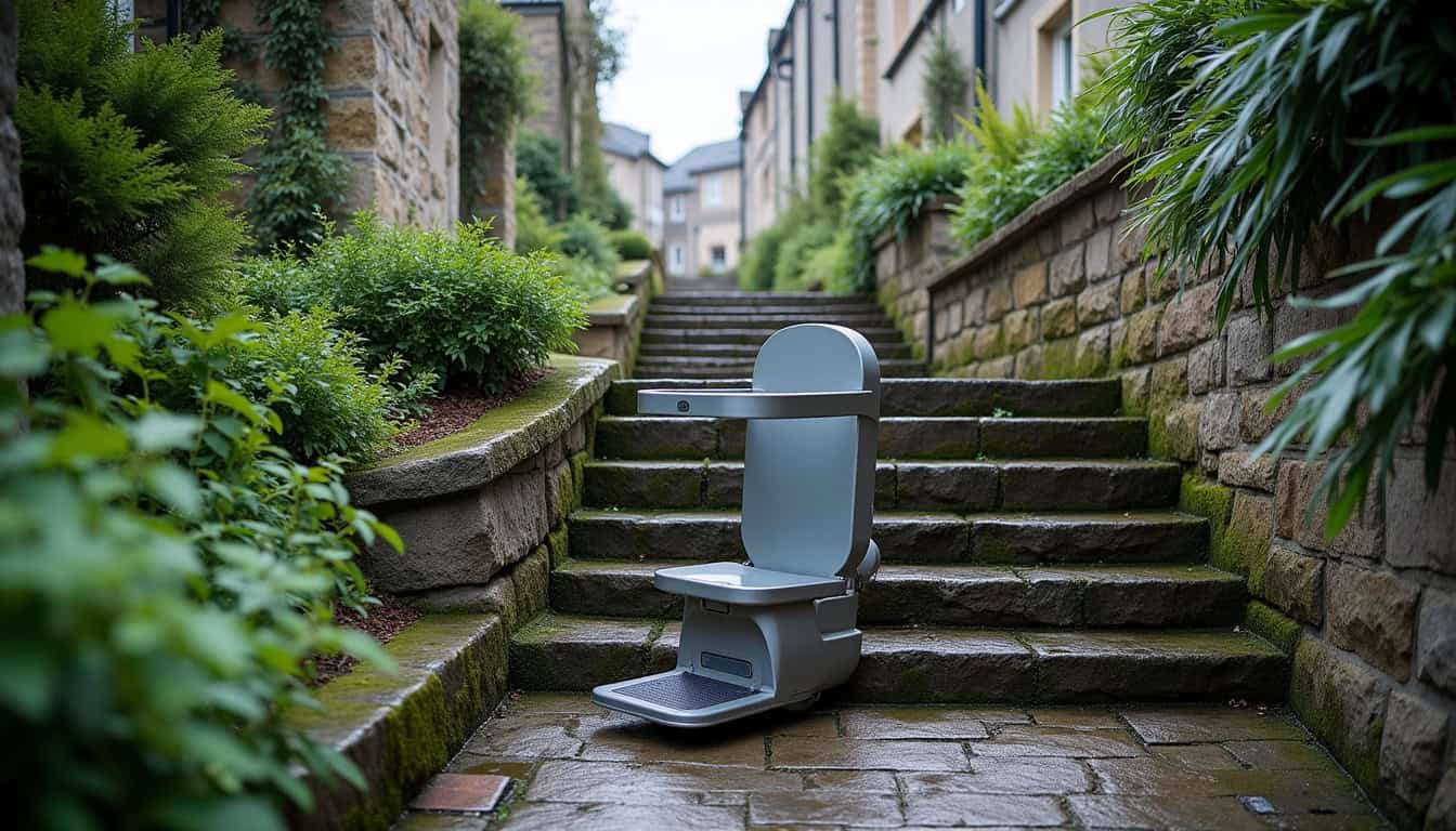 Monte-escalier extérieur installé à Malestroit, résistant aux intempéries bretonnes