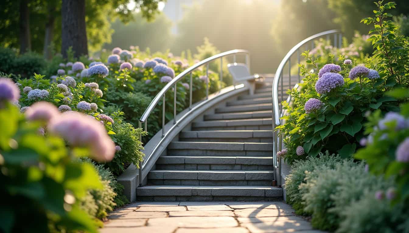 Monte-escalier extérieur installé à Mercuer, utilisé pour accéder à un jardin en pente