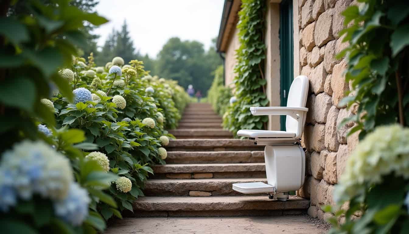 Monte-escalier extérieur installé à Mesnil-Raoul, résistant aux intempéries et intégré à l