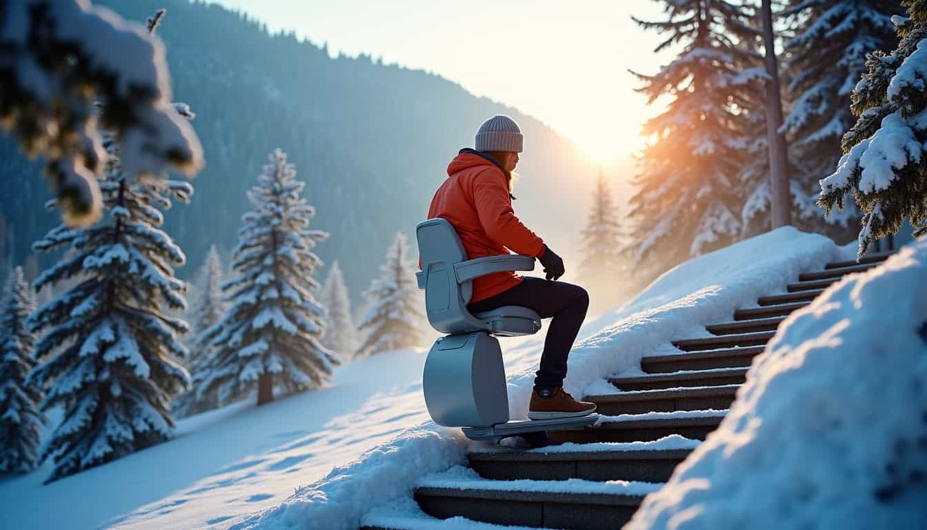 Monte-escalier extérieur installé à Praz-sur-Arly, adapté aux conditions hivernales et pentes raides