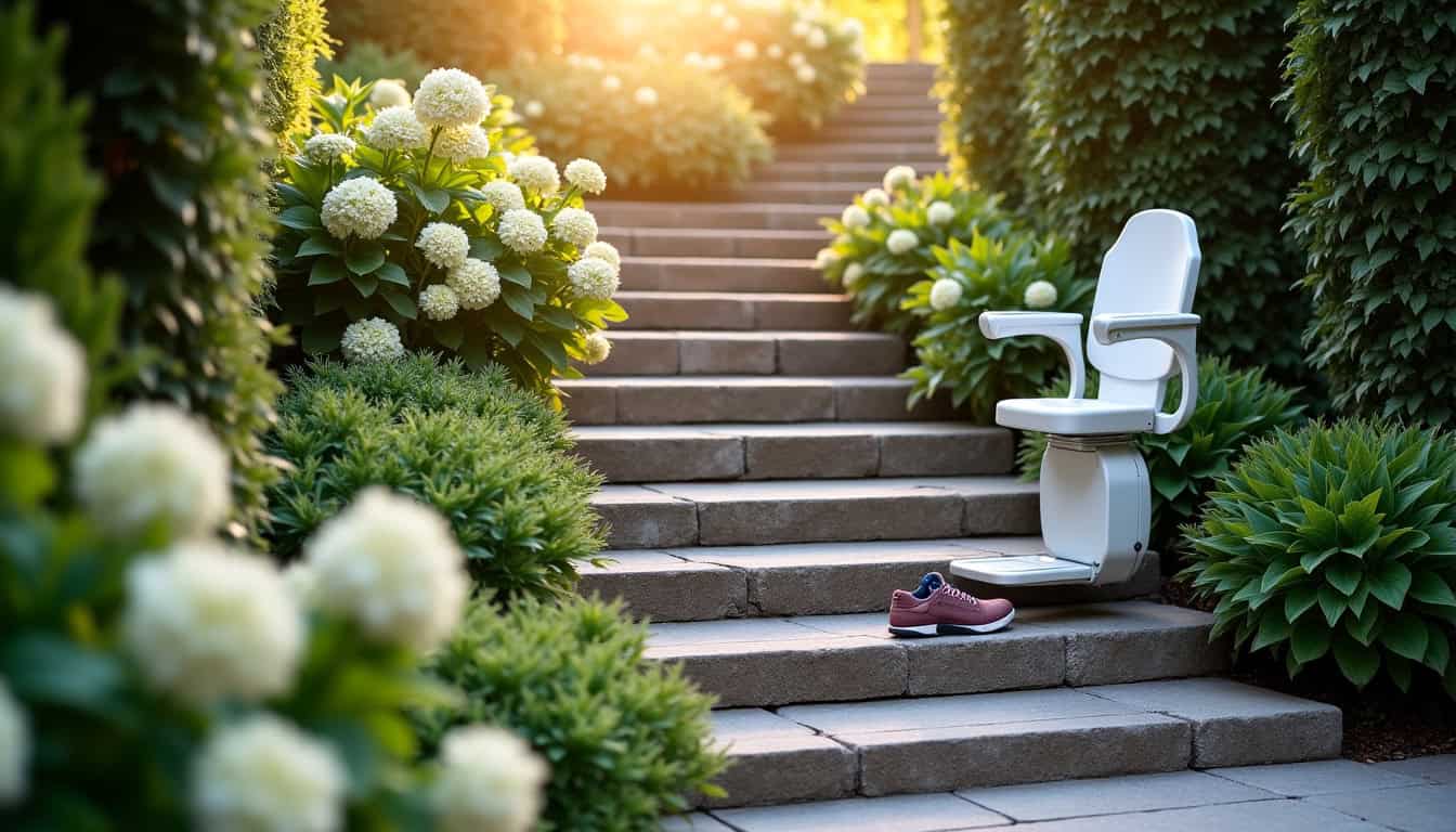 Monte-escalier extérieur installé à Saint-Ouen-des-alleux, adapté aux accès depuis le jardin