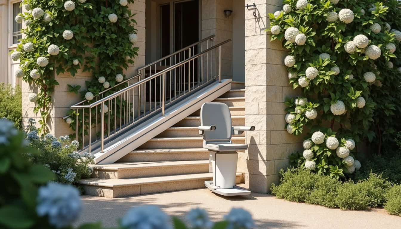 Monte-escalier extérieur installé contre une façade de villa à Restinclières