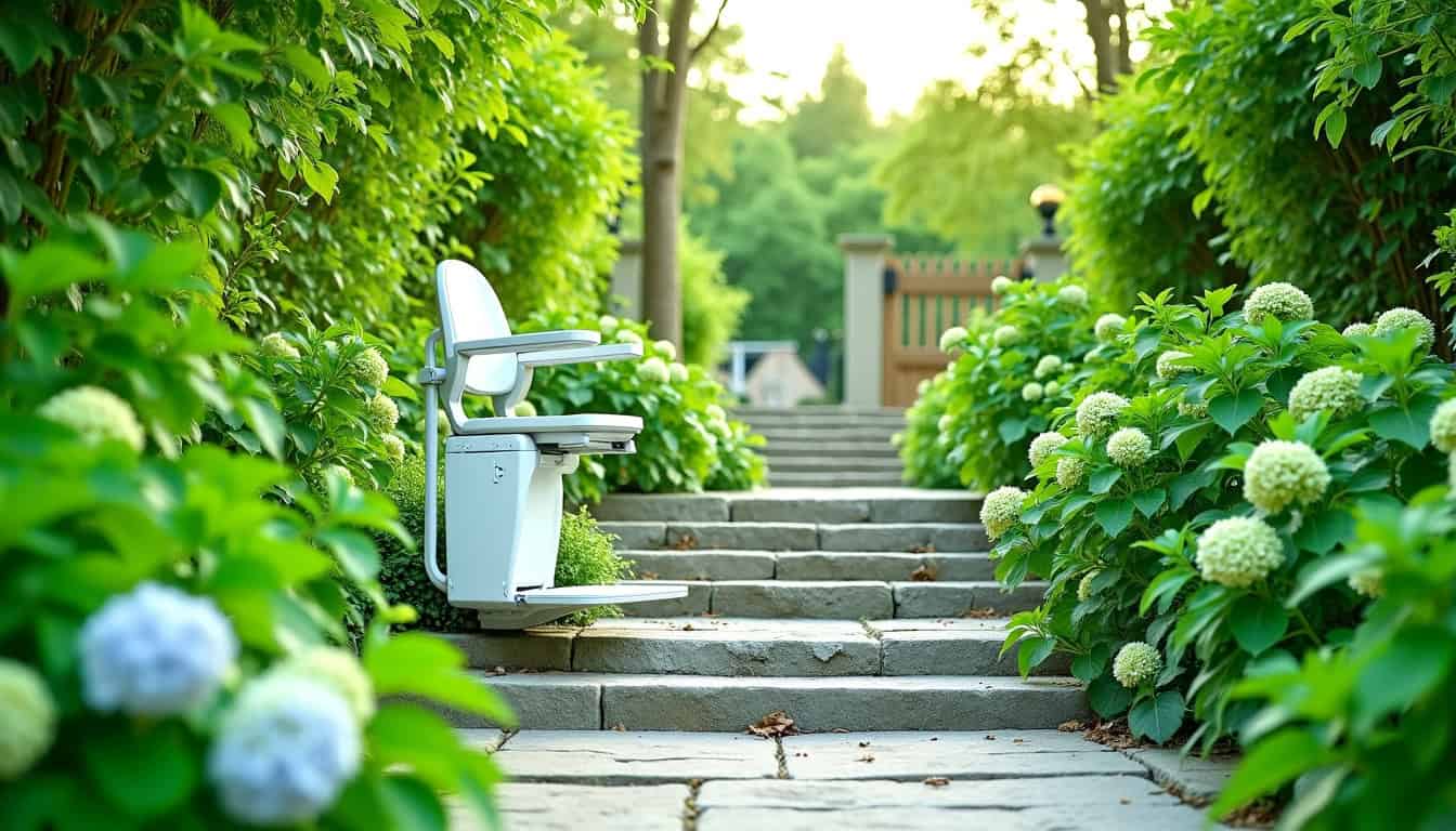 Monte-escalier extérieur installé dans un jardin à Creully sur Seulles