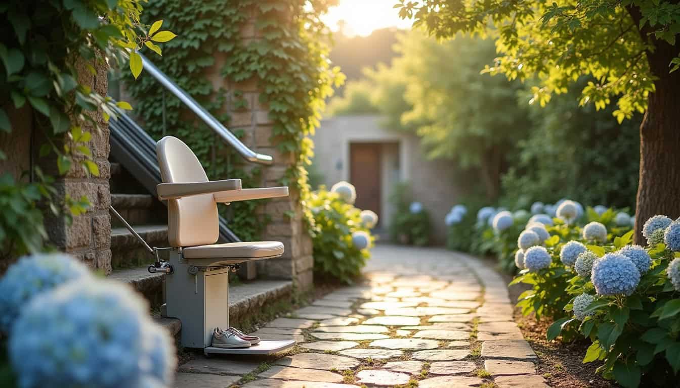 Monte-escalier extérieur installé dans un jardin à Noyers-sur-Cher