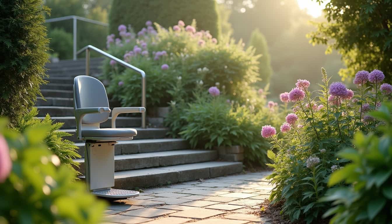 Monte-escalier extérieur installé dans un jardin à Plouaret