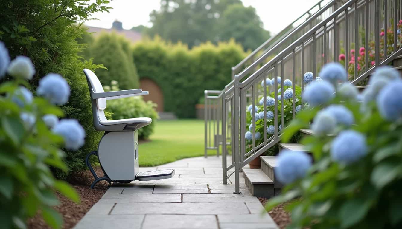 Monte-escalier extérieur installé dans un jardin à Stuckange, adapté aux conditions climatiques de la Moselle