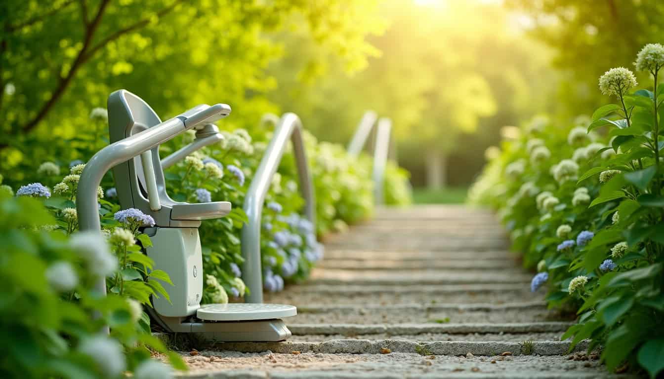 Monte-escalier extérieur installé dans un jardin à Valence-en-brie