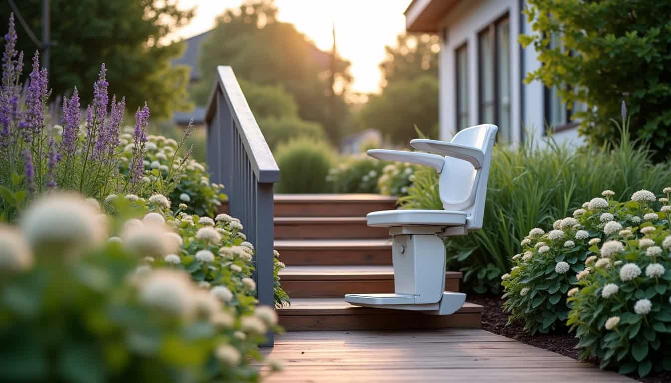 Monte-escalier extérieur installé dans un jardin desservant une maison à Saint-Geoire-en-Valdaine