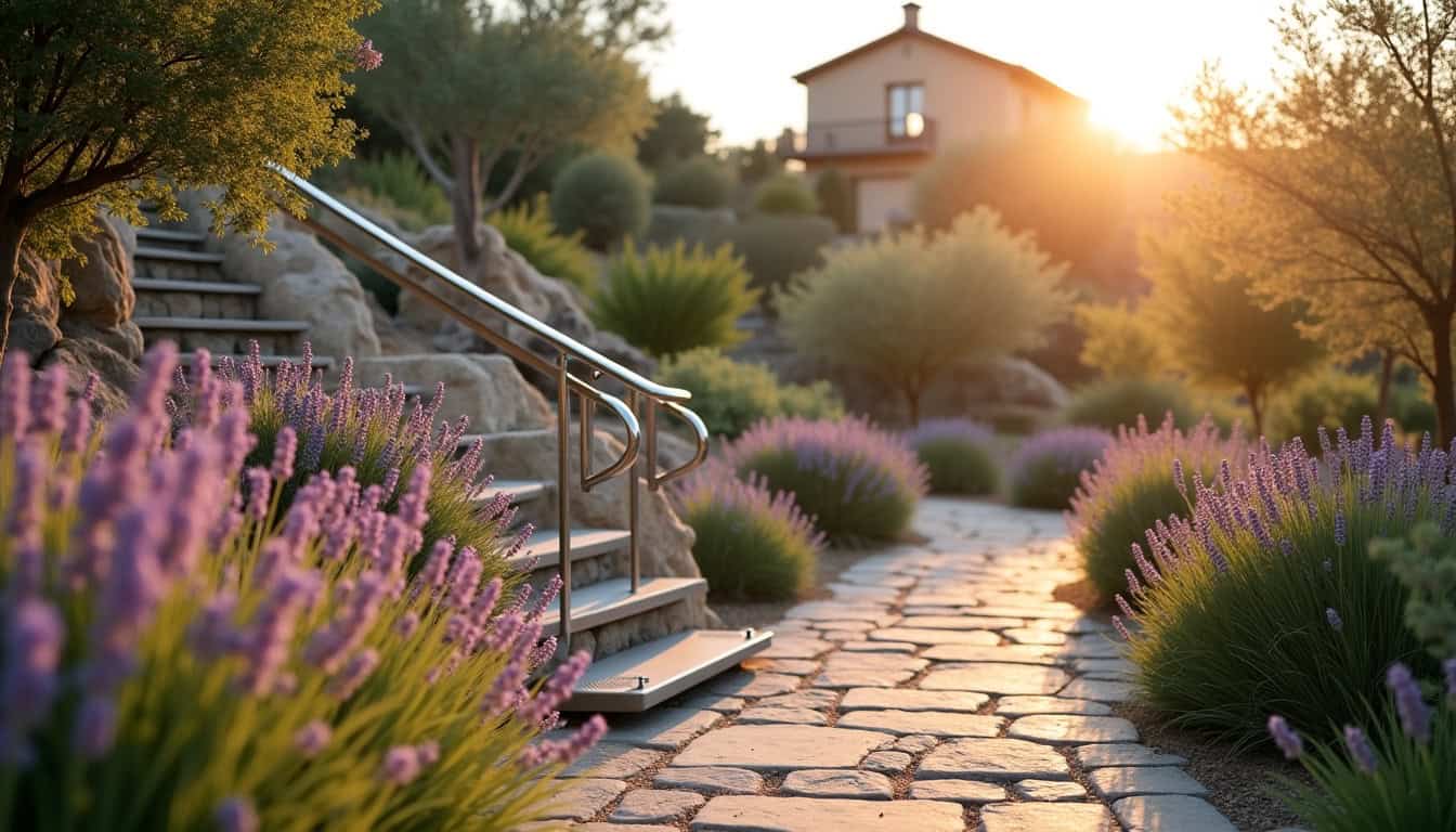 Monte-escalier extérieur installé dans un jardin en pente à Saint-Cassien