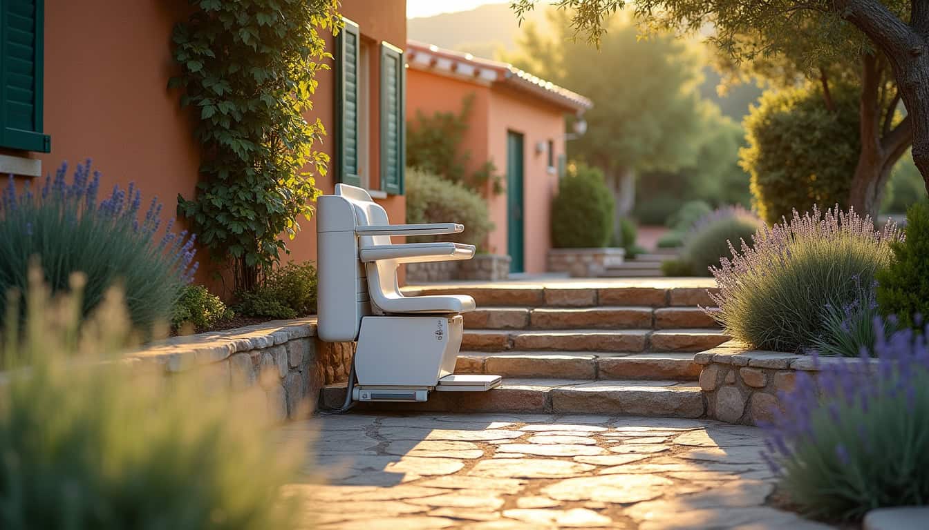 Monte-escalier extérieur installé dans un jardin typique du Gard, près d